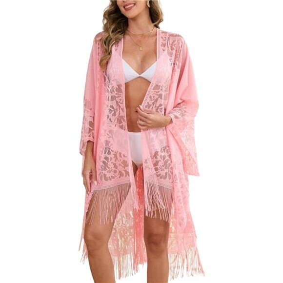 Sexy Elegant Lace Kimono Cover Up Pink